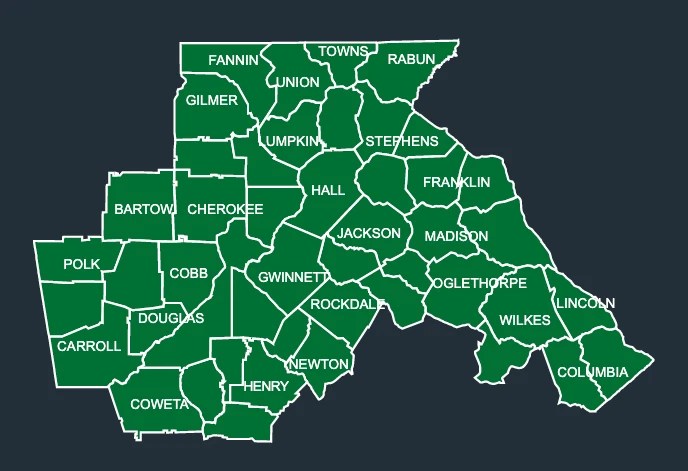 Map of LeafGuard gutters in North Georgia